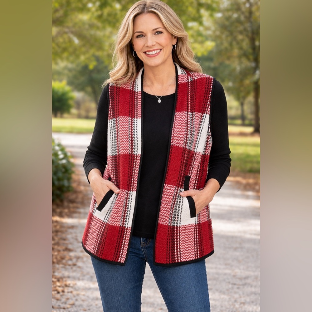Southern Lady Petite Plaid Sweater Vest | Red Black White | Cozy Fall Layer